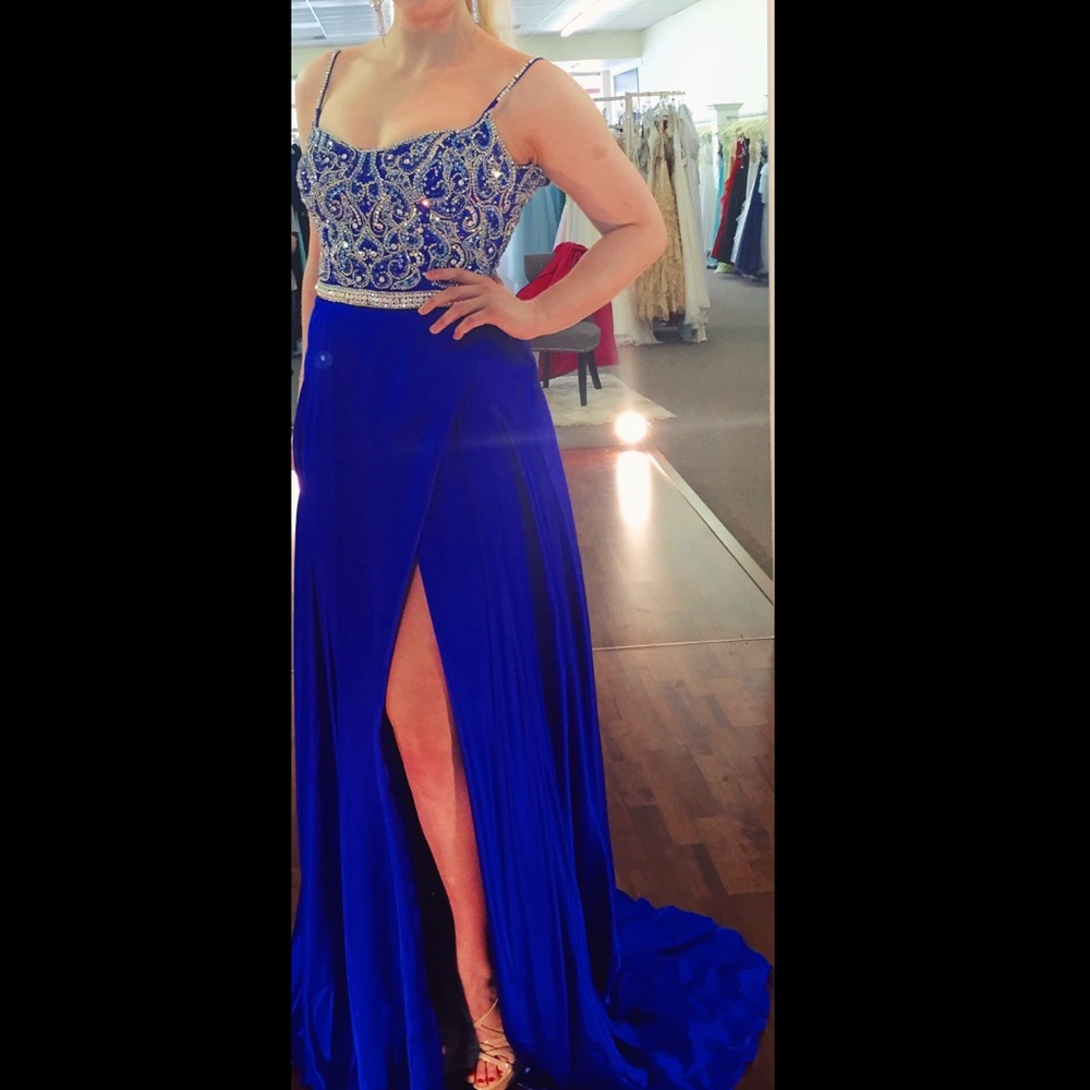 Blue Silk Charmeuse Max Duggal Pageant gown, size 6